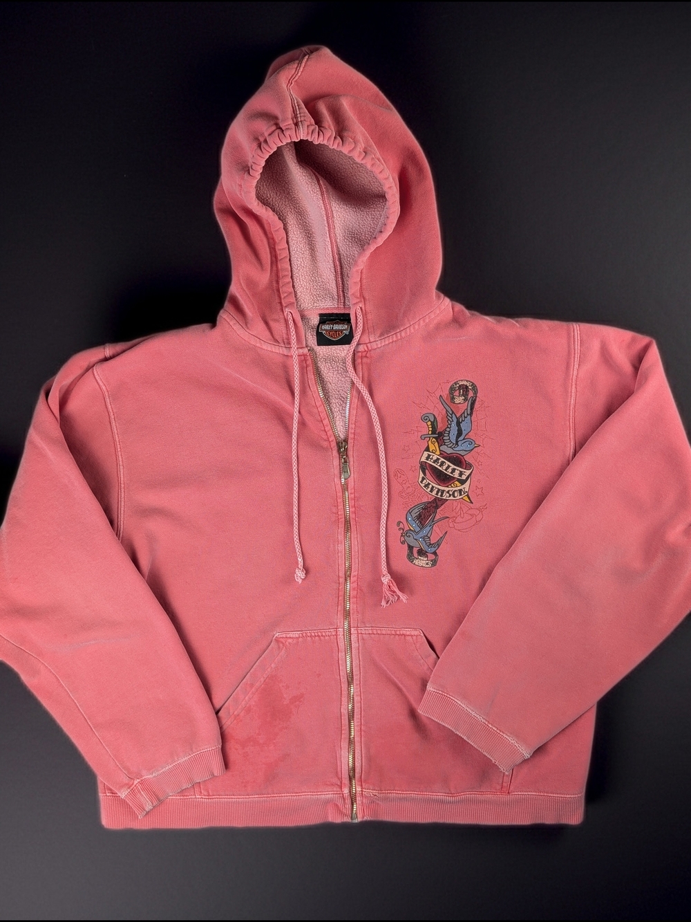 Vintag Harley-Davidson Full Zip Fleece Hoodie Women's L Pink Ed Hardy Design